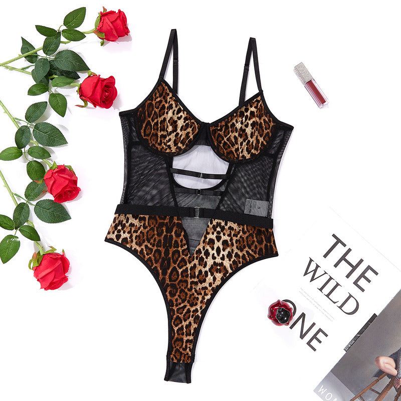 Khaki Leopard Print Perspective Sexy One-Piece Sets Side All view