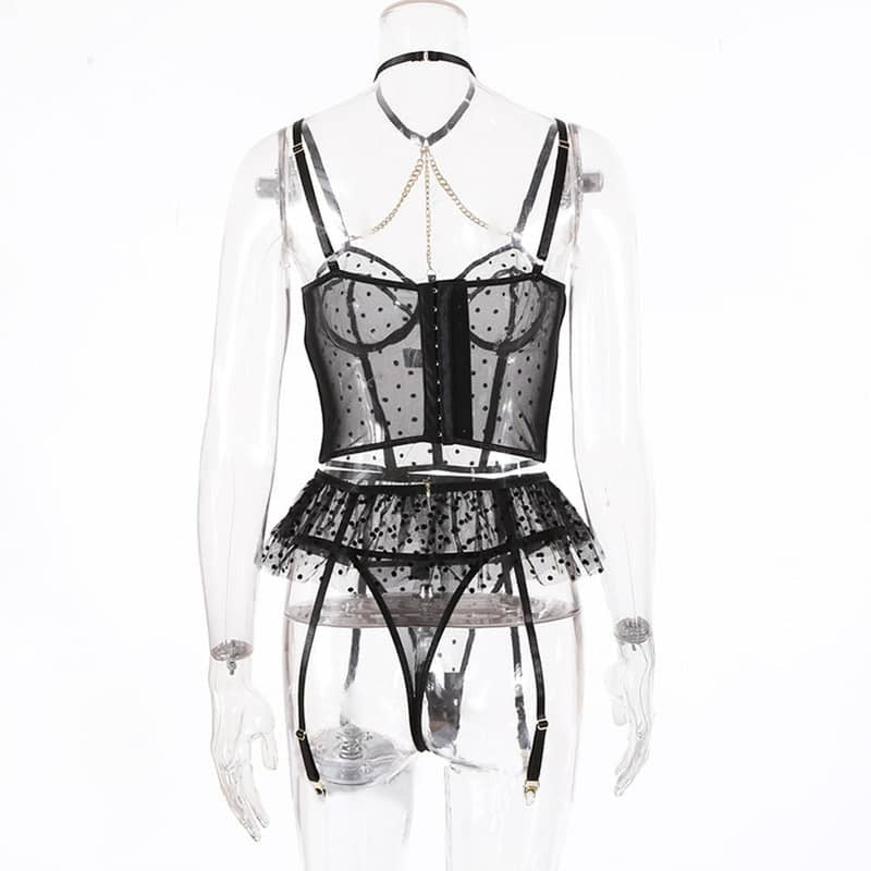 Lace Polka Dot Ruffle Bustier Bra Set Back View