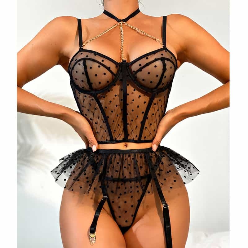 Lace Polka Dot Ruffle Bustier Bra Set Front Show On Model