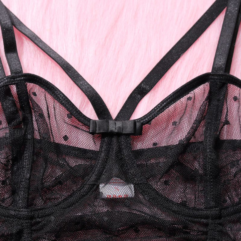 Midnight Polka Dot Lace Chemise Set Back Bra Details