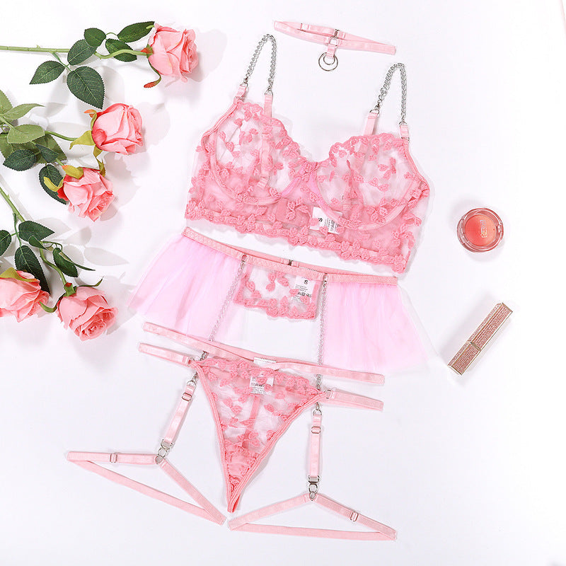 Red Lace Embroidery Sexy Lingerie Set-All Set View